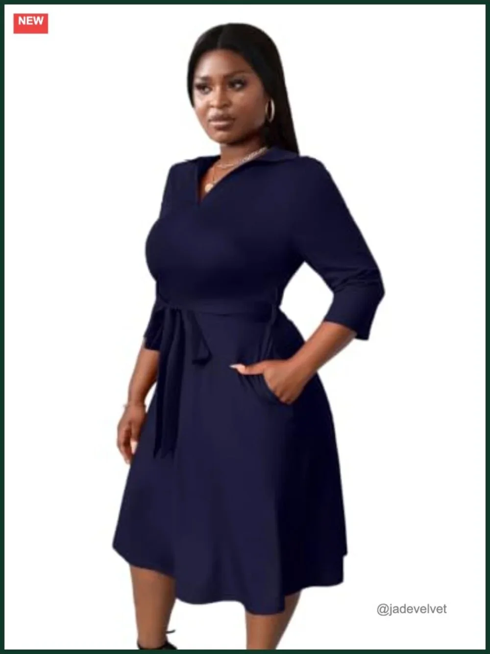 Plus Size Midi Dress Fit & Flare with Pockets and Belt 95% Polyester 5% Spandex
